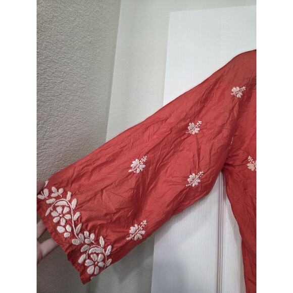 Leaves Of Grass New York Hand Embroidered 100% Silk Boho Luxe Blouse, Size XL - Picture 5 of 12